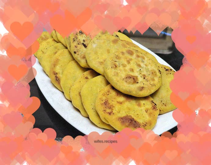 Three flavors of corn flour pancakes (chives and eggs, chives and pork, sesame brown sugar)
