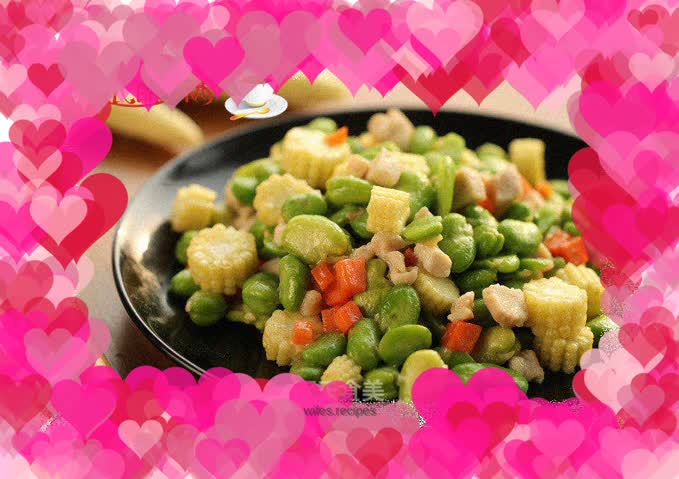 Stir-fried chicken with broad beans, corn and bamboo shoots