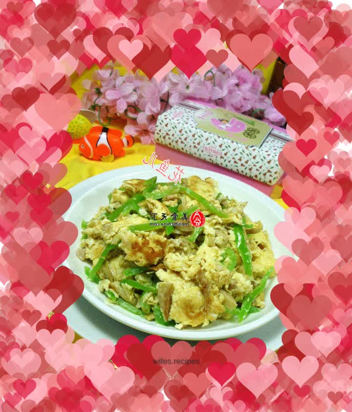 Fried duck eggs with green pepper, lamb tail and bamboo shoots