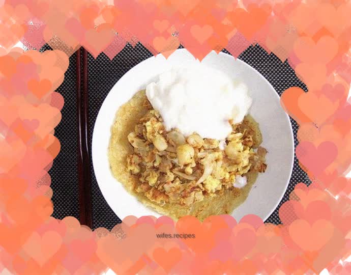 Yogurt, seafood, egg and potato pancakes