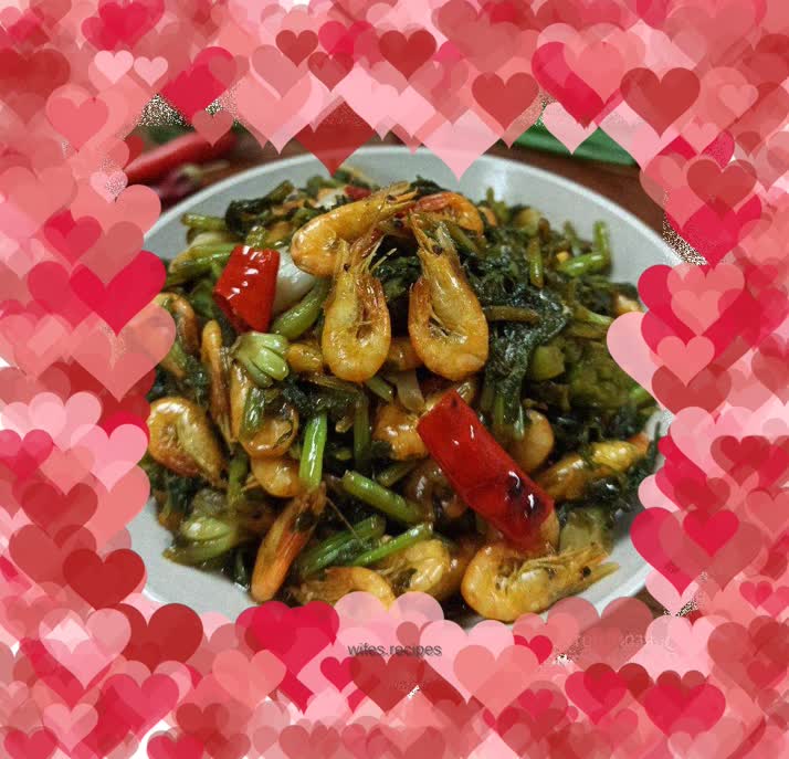 Stir-fried river shrimp with mustard greens