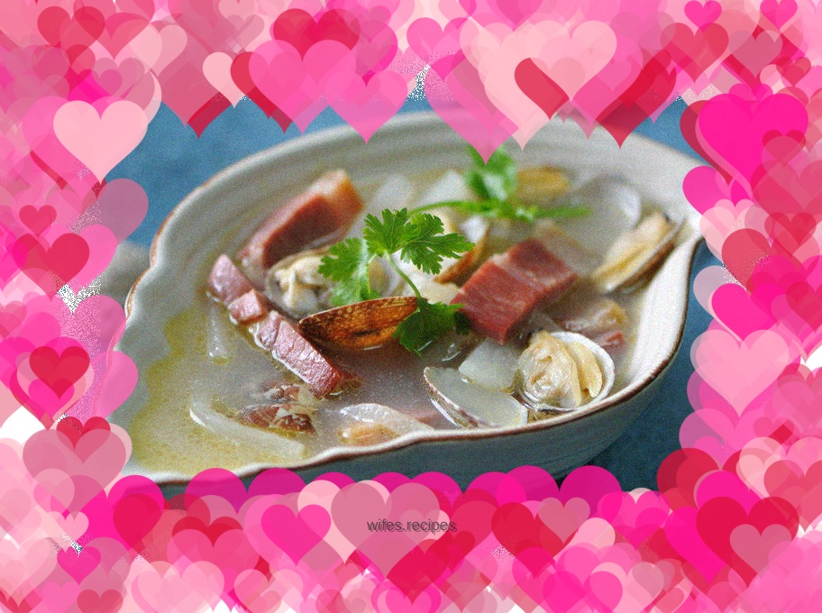 Clam, ham and radish soup