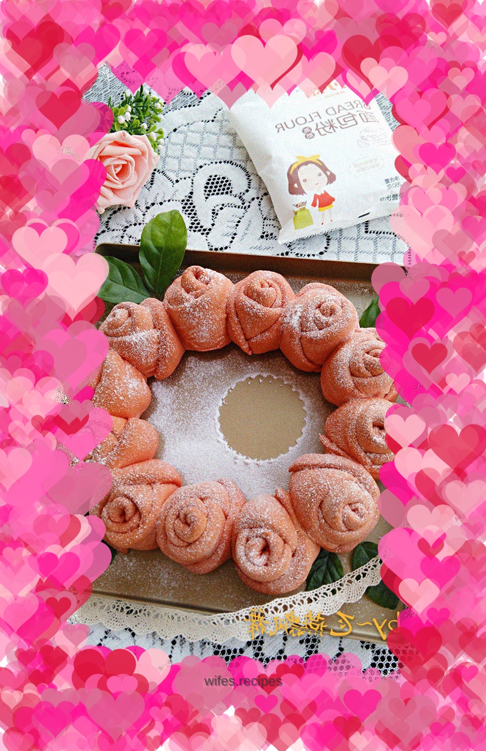 Rose garland bread with beautiful flowers and full moon