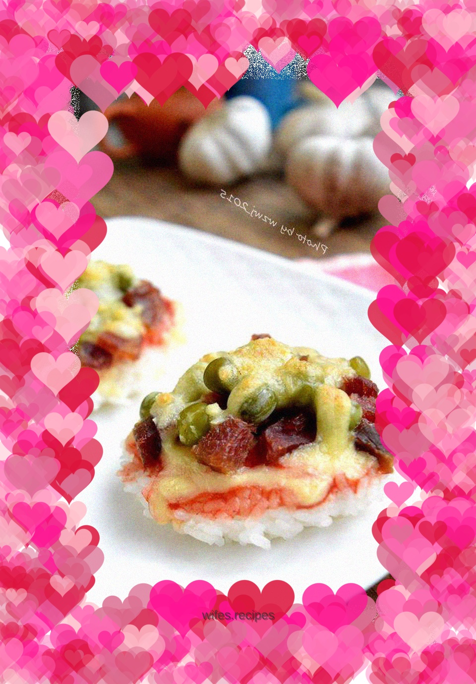 Bacon, peas and rice pizza