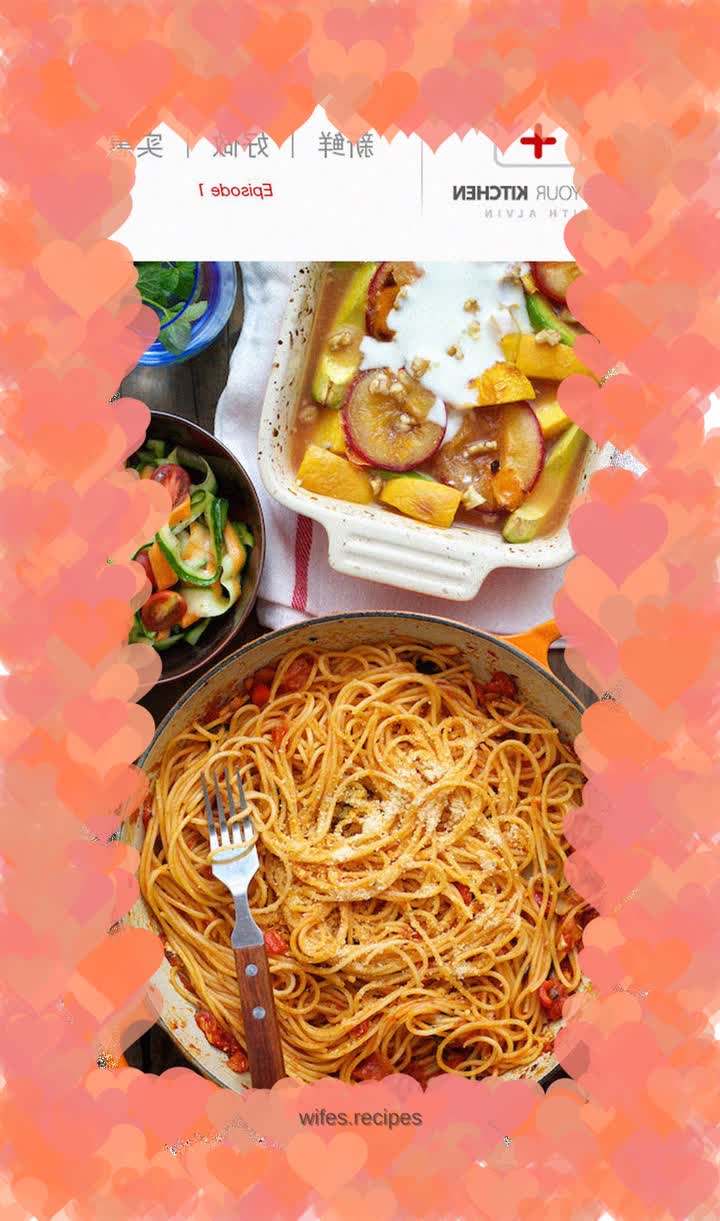 Tomato pasta + cucumber salad + sugar-roasted fruit