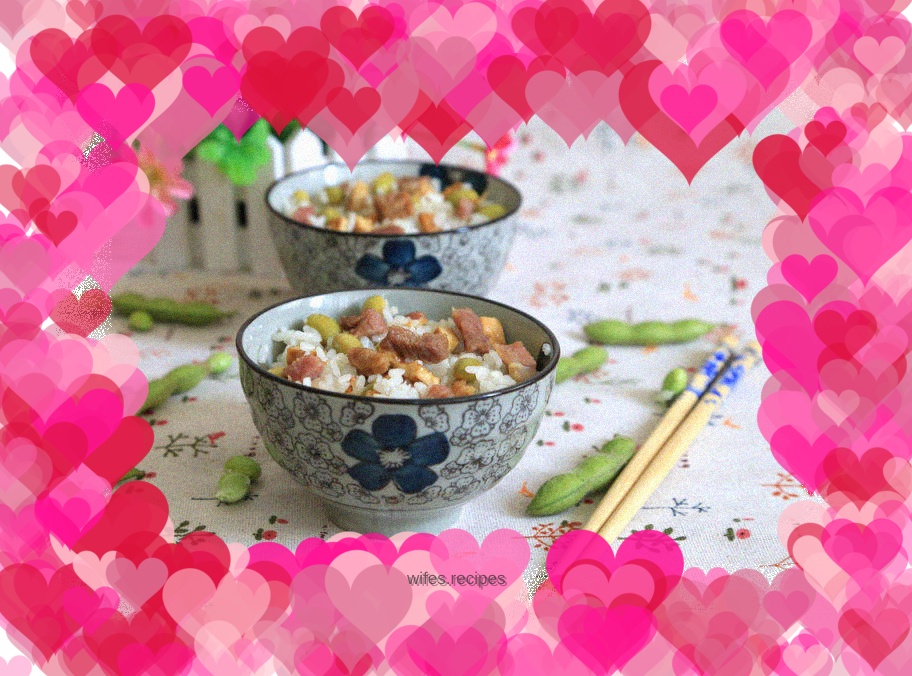 Braised rice with bacon and edamame