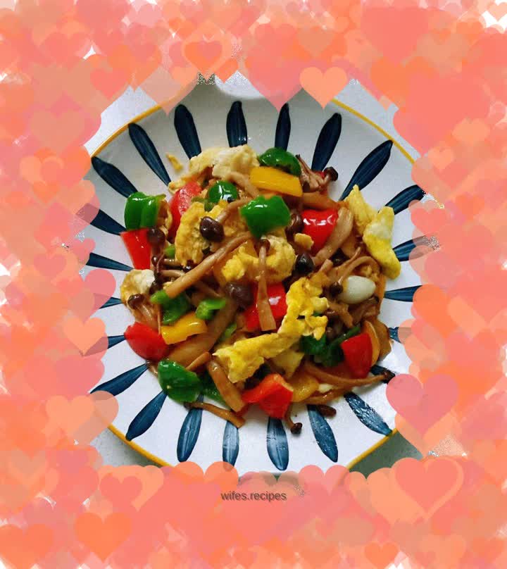 Scrambled Eggs with Colorful Peppers, Crab Flavored Mushrooms