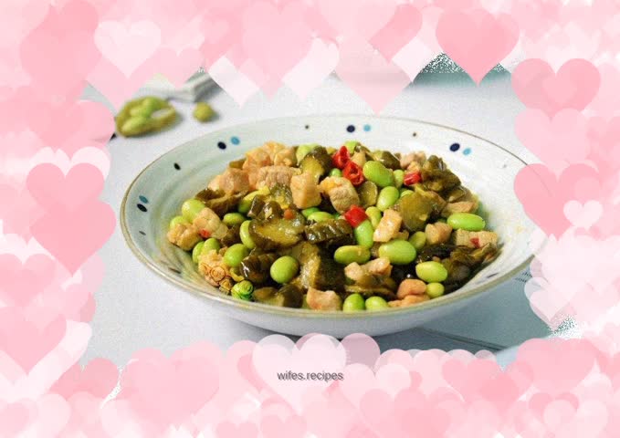 Fried pork with pickles and edamame