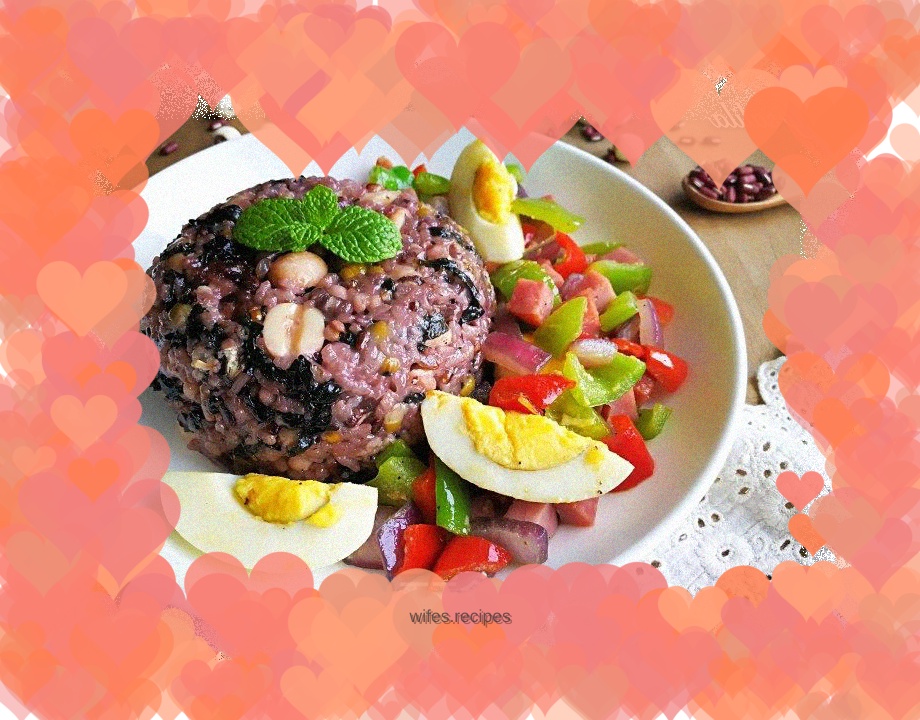 Seasonal vegetables, seaweed and multigrain rice