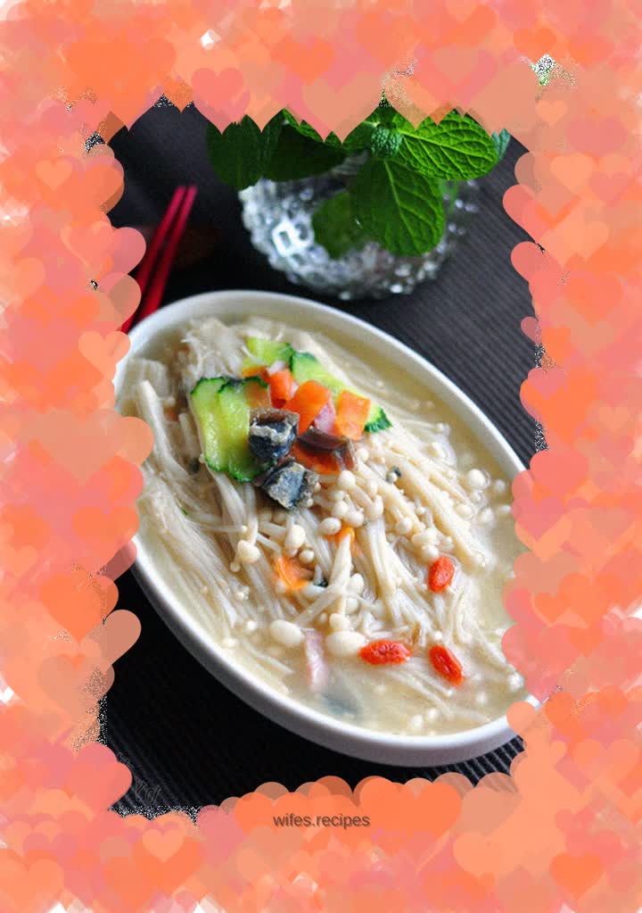 Enoki mushrooms in soup