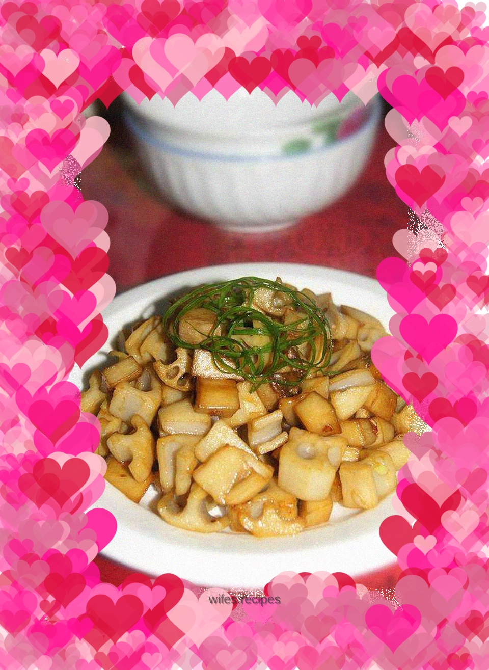 Fish flavored king oyster mushroom and lotus root dices