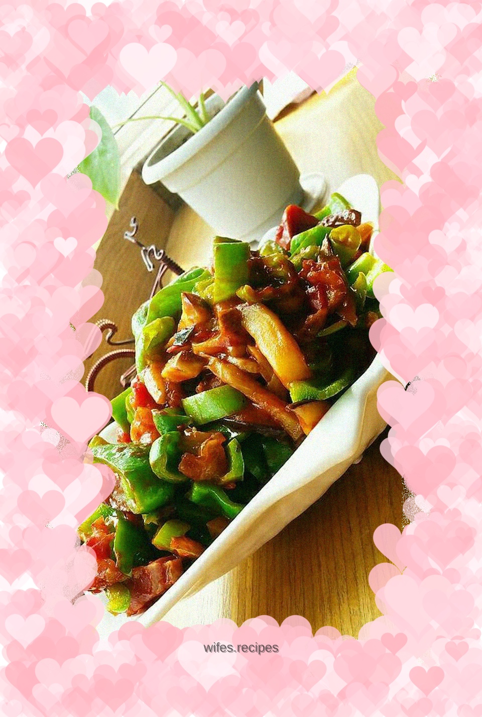 Stir-fried eggplant with pepper and bacon