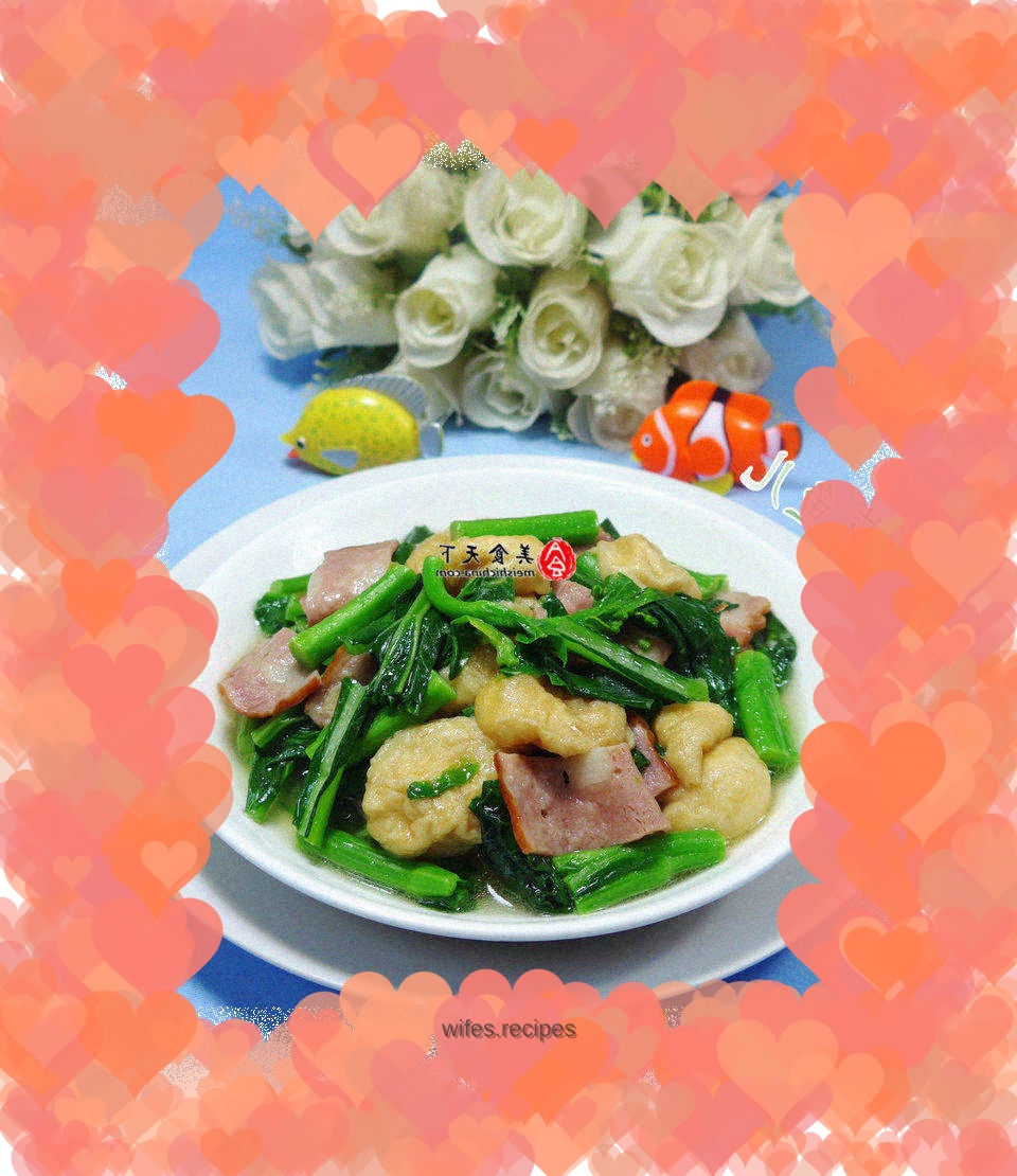 Stir-fried rape mustard with bacon oil and gluten