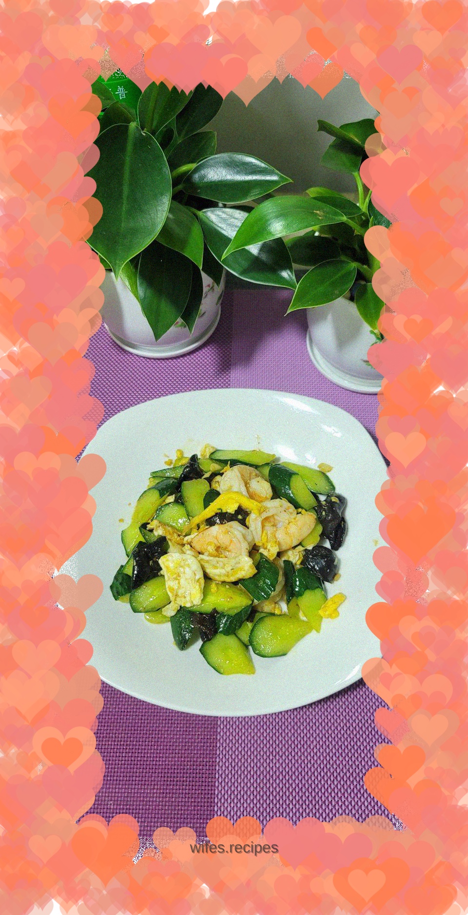 Fried Cucumber and Fungus with Shrimp and Egg