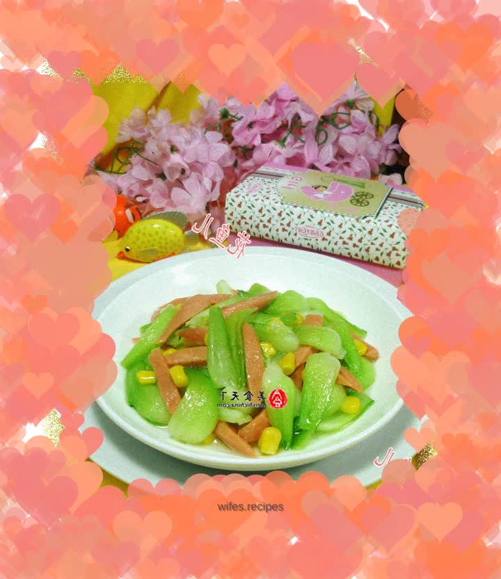 Stir-fried vegetable stems with corn kernels, ham and sausage