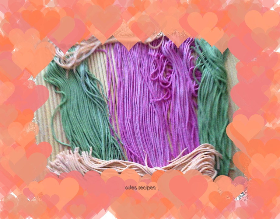 Colorful noodles with vegetables and fruits