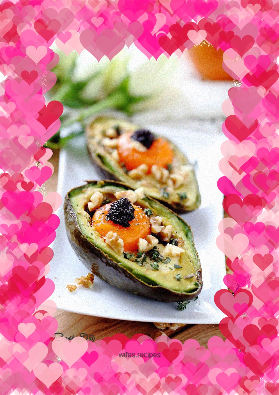 Fried eggs with caviar and avocado