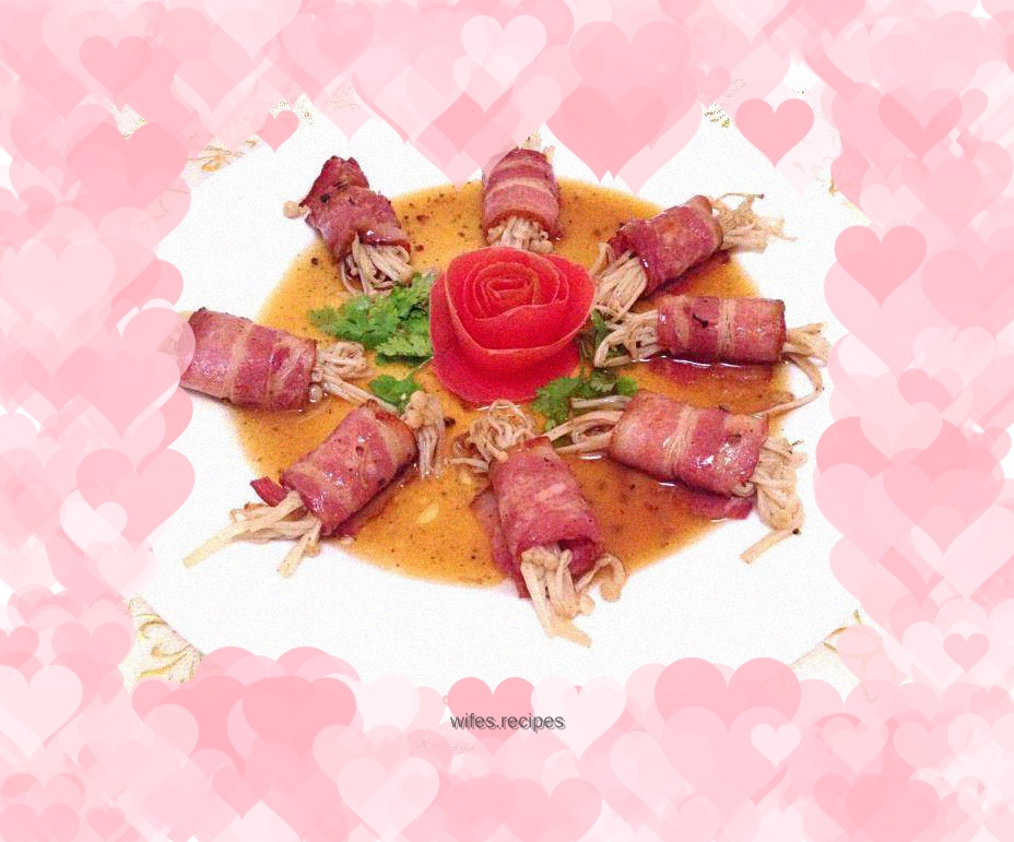 【Black Pepper Bacon Golden Needle Roll】--with tomato skin rosette recipe