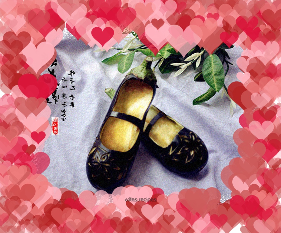 Carved eggplant embroidered shoes recall childhood