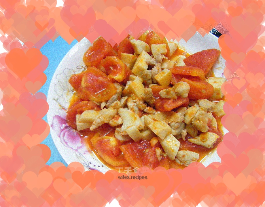 Stir-fried chicken legs with tomatoes, king oyster mushrooms