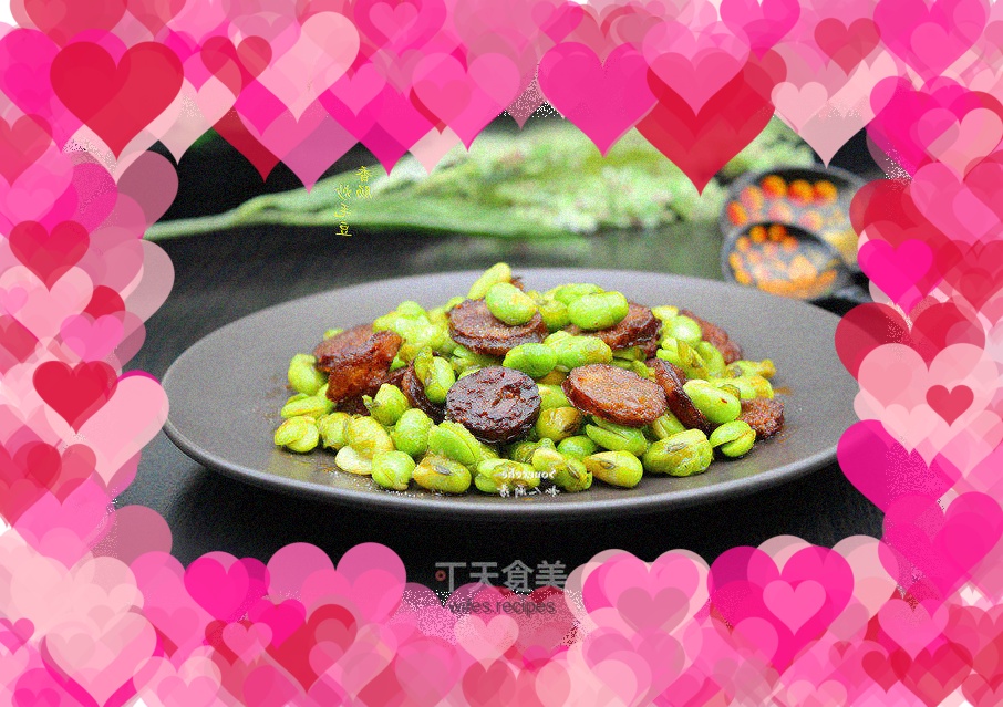 Stir-fried edamame with sausage